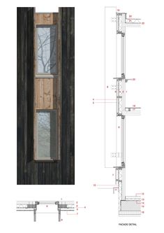 an architectural drawing shows the details of a window with wooden framing and sidewalls