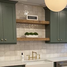 a kitchen with green cabinets and a white sink in front of a dishwasher