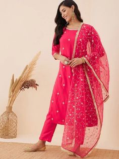 Magenta embroidered Kurta with Trousers with dupattaKurta design:Ethnic motifs embroideredStraight shapeRegular styleRound neck, three-quarter regular sleevesSequinned detailCalf length with straight hemSilk blend machine weave fabricTrousers design:Solid TrousersPartially elasticated waistbandSlip-on closure Festive Chanderi Sets With Resham Embroidery, Festive Straight Kurta With Dabka Work, Diwali Kurta With Embroidered Border In Mulmul, Festive Zari Work Straight Kurta Unstitched Suit, Festive Straight Kurta Unstitched Suit With Zari Work, Festive Straight Kurta Sets With Embroidered Border, Unstitched Embroidered Salwar Kameez For Festive Occasions, Resham Embroidered Semi-stitched Salwar Kameez, Festive Unstitched Embroidered Salwar Kameez