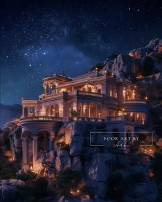 an image of a house on top of a mountain at night with the stars in the sky