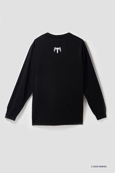 a black sweatshirt with white bows on the chest