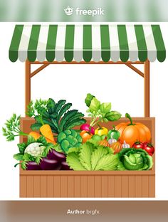 an illustration of a vegetable stand with fresh fruits and veggies in it on a white background