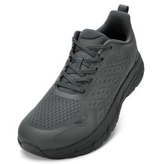 the men's athletic shoe is grey and has mesh detailing on the upper part