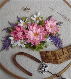 a close up of a piece of cloth with flowers on it next to a pair of scissors