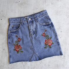 showstopper embroidered denim skirt - more colors Embroidered Medium Wash Denim Bottoms, Embroidered Denim Bottoms In Medium Wash, Embroidered Fitted Denim Skirt For Spring, Embroidered Medium Wash Denim Skirt, Embroidered Fitted Denim Skirt, Casual Style, Casual Embroidered Fitted Denim Skirt, Spring Embroidered Blue Denim Skirt, Casual Embroidered Denim Skirt For Summer, Spring Blue Embroidered Denim Skirt