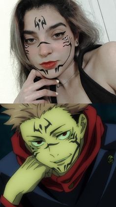 Sukuna makeup cosplay genderbender Sukuna Make-up, Sukuna Cosplay Female Outfit, Anime Halloween Makeup, Simple Cosplay Ideas, Anime Make-up, Halloween Costume Ideas 2023, Costume Ideas 2023, Hot Takes