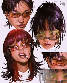 three people wearing glasses with different colored hair and eyeglasses on their faces, one is