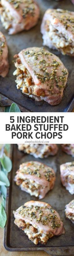 an image of baked pork chops on a baking sheet with herbs and seasoning