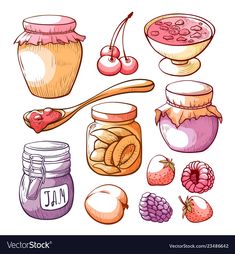 various types of jams and fruit in jars