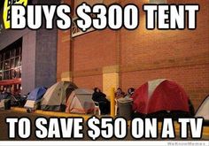 there are tents set up in front of a building with the words buy $ 300 tent to save $ 50 on a tv