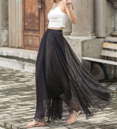 "DETAILS: * Chiffon Skirt * Chiffon Lining * No Pockets * Around elastic waistband * Circle chiffon Skirt * Big swing chiffon skirt * Perfect for spring, summer * Suit vacation, beach, dance etc. * Machine Washable in Warm/Cold Water; Do not bleach / Mid-iron / Hang Dry *The model is 170 cm (5′7″) tall with a 80 cm (31.5\") bust, 66 cm (26\") waist. She is wearing the skirt in size XS. * Choose CUSTOM Order if you Can't find your size in our size Chart Chang the Length Your Height is not Between Elegant Summer Tulle Maxi Skirt, Spring Chiffon Tulle Skirt, Chiffon Party Skirt, Spring Chiffon Skirt With Sheer Details, Party Chiffon Pleated Skirt, Flowy Pleated Party Skirt, Sheer Flowy Party Skirt, Sheer Skirt For Party, Sheer Flowy Skirt For Party