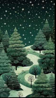 a night scene with trees and stars in the sky, on a dark green background