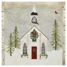 a painting of a church in the snow with evergreens and wreaths on it