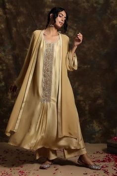 Shop for Kanika Sharma Gold Silk Jacket And Kurta Set for Women Online at Aza Fashions Kurta Set For Women, Simple Kurta Designs, Drape Gowns, Navy Blue Print, Gold Fronts, Handwoven Fabric, Gold Silk, Kurta With Pants, Silk Jacket