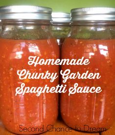 two jars filled with homemade chunky garden spaghetti sauce