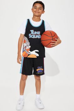 Available In Black/Blue. Short Set Sleeveless Front/Back Tune Squad Graphic Jersey Disclaimer: Due To The Printing Process A Difference In Saturation May Occur. Each Garment Is Unique. 100% Polyester Imported | Mini Tune Squad Basketball Jersey Short Set in Black/Blue size 18/20 by Fashion Nova Black Summer Playwear Tops, Black Summer Tops For Playtime, Black Spring Playwear Tops, Black Tops With Cartoon Print For Playtime, Black Cartoon Print Tops For Playtime, Black Tops For Playtime In Spring, Black Top For Playtime In Spring, Sporty Black Tops For Playtime, Black Cotton Tops For Playwear