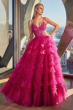 Azalea Pink Ruffled Layered Ball Gown Ruffle Ball Gown, Long Ball Dresses, Embellished Corset, Frills And Ruffles, Cinderella Divine, Dress Layer, Prom Ball Gown, Flowy Design, Corset Bodice