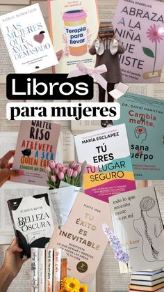 the cover of libros para mujerres is shown with flowers and books