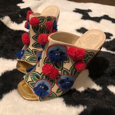 Tory Burch Embroidered Heel Festive Spring High Heels, Spring Traditional Embellished Heels, Traditional Embellished Heels For Spring, Spring Festive Embellished Heels, Spring Embellished Multicolor Heels, Traditional Embroidered Heels For Spring, Embroidered Heels, Palm Beach Sandals, Tory Burch Shoes