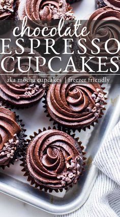 chocolate espresso cupcakes on a baking sheet with the title overlay