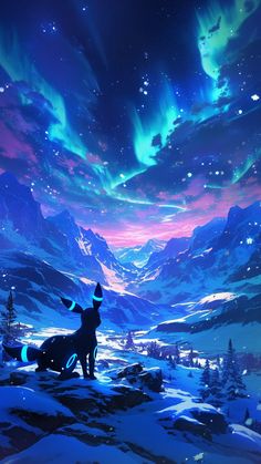 an animal standing on top of a snow covered hill under a sky filled with aurora lights