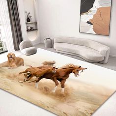 three horses running on the floor in a living room