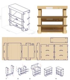 the plans for an unfinished shelving unit are shown in three different sizes and shapes