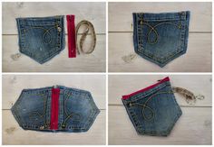 four pictures showing how to sew a pair of jeans with scissors and zippers