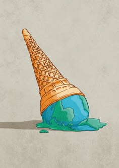 an ice cream cone with the earth melting on it's side is shown in this illustration