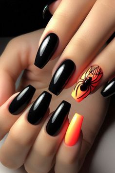 Embrace the Halloween spirit with these simple yet striking black nails featuring neon orange and a spooky spider accent nail. This easy-to-create design combines classic black polish with vibrant neon accents for a fun and festive look. Perfect for those who want a stylish Halloween manicure with minimal fuss! Halloween Nails Short Oval, Coffin Shape Halloween Nail Designs, Halloween N Ails, Halloween Nails Simple Black, Halloween Square Nail Designs, Festive Nails Acrylic, Halloween Nail Aesthetic, Halloween Almond Shape Nails, Halloween Nail Designs Coffin Shape