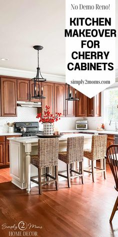 kitchen makeover for cherry cabinets with text overlay