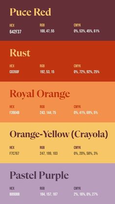 the color chart for each type of paint in different colors, including red, orange, yellow