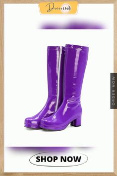 Autumn and Winter New Thick Heel Mid-heel Women's Boots Patent Leather High Boots Square Toe Boots White Side Zipper Pole Dance Boots Purple Heeled Boots For Fall Party, Purple Knee-high Party Boots, Purple Boots For Fall Party, Party Boots With Zipper Closure And Round Toe, Retro Heeled Boots For Party In Fall, Party Heeled Boots With Zipper And Round Toe, Retro Pointed Toe Boots For Party, Retro Pointed Toe Party Boots, Wide Calf Boots With Round Toe For Party