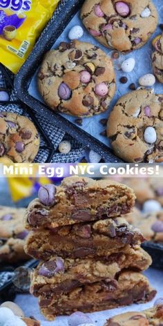 chocolate chip cookies stacked on top of each other with candy in the background and text overlay that reads mini egg nyc cookies