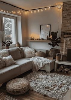 a living room filled with furniture and a fire place in front of a large window