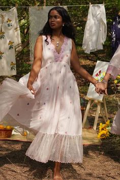 Baby pink jamdani dress with floral and geometric embroidery. - Aza Fashions Jamdani Design, Jamdani Dress, Western Outfit, Geometric Embroidery, Western Outfits, Dress For Women, V Neck Dress, Dress Pattern, Aza Fashion