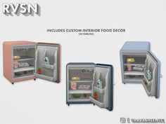 three small refrigerators with the doors open and food inside them, all in different colors