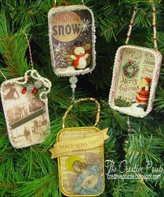 three ornaments hanging from a christmas tree