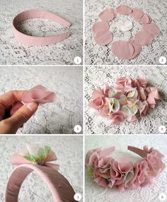 how to make a flower headband with ribbon and paper flowers on the side, step - by - step instructions