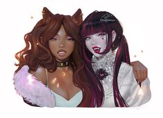 two women dressed up as cats and one is wearing a white dress with purple hair