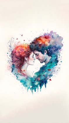 watercolor painting of two people kissing each other with colorful paint splatters on them