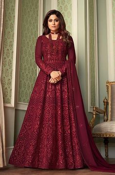 Maroon Anarkali, Red Anarkali Suits, Long Anarkali Dress, Long Anarkali Gown, Shamita Shetty, Floor Length Anarkali, Anarkali Dresses, Georgette Anarkali, Long Anarkali