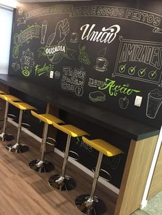 a chalkboard wall with yellow stools in front of it and writing on the wall