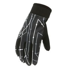 a pair of black and white gloves with arrows on it's palm, against a white background