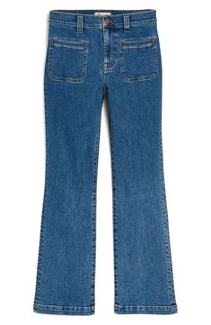 An evolution of the brand's fan-fave fit, these mid-rise cropped jeans have front welt-patch pockets and kicked-out flare hems. 26 1/2" inseam; 18" leg opening; 10 1/2" front rise; 15" back rise (size 29) Zip fly with button closure Front welt-patch pockets; back patch pockets 98% cotton, 2% Lycra® elastane Machine wash, tumble dry Imported Denim Blue Flare Jeans With Patch Pockets For Fall, Fall Denim Blue Flare Jeans With Patch Pockets, Spring Flare Jeans With Contrast Stitching In Medium Wash, Fall Medium Wash Flare Jeans With Patch Pockets, Cropped Leg Denim Flare Jeans With Contrast Stitching, Cropped Leg Flare Jeans With Contrast Stitching, Spring Flare Jeans With Patch Pockets In Dark Wash, Dark Wash Cropped Leg Flare Jeans With Contrast Stitching, Fall Cropped Jeans In Medium Wash With Patch Pockets