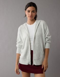 AE Oversized Zip Up Hoodie Cozy Fit Soft Knit Hooded Outerwear, Cozy Fit Hooded Soft Knit Outerwear, Winter Knit Tops With Zipper Closure, Everyday Winter Sweater With Drawstring Hood, Cozy Fit Heather Grey Winter Sweater, Cozy Hoodie With Zipper Closure, Hooded Knit Outerwear With Ribbed Cuffs, Cozy Hoodie Outerwear With Zipper Closure, Gray Knit Hooded Hoodie