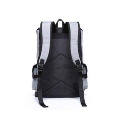 a black and white backpack with straps on the front, two tone grey and one light gray