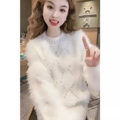 size: One Size, Color: White White Crew Neck Sweater For Parties, White Long Sleeve Party Sweater, White Casual Sweater For Party, Casual White Sweater For Parties, Chic White Tops For Winter, Loose Pullover Sweater, Fluffy Sweater, Beautiful Sweater, Pullover Sweater Women