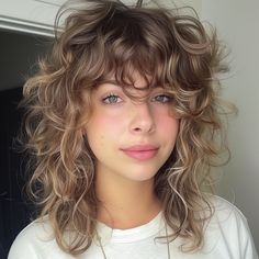 Romantic Shag with Soft Curls Curly Medium Short Hair, Shag Highlighted Hair, Wolf Shag Curly Hair, Shag Bob Curly Haircut, Blonde Curly Shag With Bangs, Soft Shag Haircut Wavy Hair, Curly Wavy Shag Haircut Medium, Curly Shag Haircut Fine Hair, Modern Shag Haircut Curly Hair