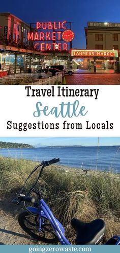 a bike parked on the side of a road next to water and a sign that says travel library seattle suggestions from locals